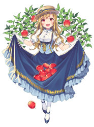 Rule 34 | 1girl, :d, apple, blouse, blue footwear, blue skirt, blush, bodice, bow, branch, food, frilled skirt, frills, fruit, gloves, hat, hat bow, highres, long skirt, looking at viewer, open mouth, original, pantyhose, red eyes, ribbon, shirt, shoes, short sleeves, simple background, skirt, skirt basket, skirt hold, smile, solo, underbust, warabimochi kinako, wavy hair, white background, white gloves, white pantyhose, white shirt