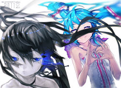 Rule 34 | 10s, 2girls, ahoge, alternate costume, aqua hair, black rock shooter, black rock shooter (character), character name, colored eyelashes, dan evan, frown, hair between eyes, half-closed eyes, halterneck, hatsune miku, heart, heart hands, light trail, long hair, motion blur, multiple girls, portrait, simple background, twintails, very long hair, vocaloid, white background