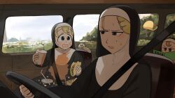 Rule 34 | 3girls, bird, blonde hair, blue eyes, brown eyes, brown hair, car interior, chicken, clumsy nun (diva), commentary, cup, dirty, dirty clothes, diva (hyxpk), duck, english commentary, froggy nun (diva), habit, highres, holding, holding cup, little nuns (diva), messy, mole, mole on cheek, multiple girls, nun, seatbelt, steering wheel, strict nun (diva), taco, traditional nun
