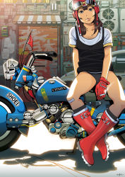 Rule 34 | 1980s (style), 1girl, akira (manga), bad id, bad pixiv id, bandaid, bandaid on knee, bandaid on leg, blue eyes, boots, brown hair, cacn, cigarette, gloves, goggles, goggles on headwear, helmet, lens flare, looking at viewer, motor vehicle, motorcycle, oldschool, red footwear, retro artstyle, rubber boots, shadow, sitting, solo, tank top, vehicle