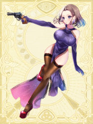 Rule 34 | 1girl, aiming, ankle strap, arm at side, bob cut, breasts, bridal gauntlets, brown hair, brown thighhighs, chain paradox, colored inner hair, crying, crying with eyes open, dress, elbow gloves, finger on trigger, floral print, full body, furrowed brow, gloves, gun, halter dress, halterneck, handgun, high heels, highres, holding, holding gun, holding weapon, jem, lace, lace-trimmed dress, lace trim, large breasts, leg vines, long dress, looking to the side, multicolored hair, outstretched arm, parted bangs, pelvic curtain, platform footwear, puckered lips, purple dress, purple eyes, purple gloves, purple hair, red footwear, red heels, revolver, rose print, shiroganeyoru, short hair, skin tight, solo, standing, standing on one leg, stiletto heels, tears, thighhighs, thighs, weapon, yellow background