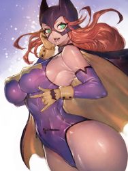 Rule 34 | 1girl, adapted costume, bare shoulders, bat (animal), bat girl, batgirl, batman (series), breasts, cape, capelet, covered erect nipples, cowl, dc comics, elbow gloves, fumio (rsqkr), gloves, green eyes, hand on own face, highres, large breasts, leotard, lips, long hair, m/, medium breasts, nipples, orange hair, parted lips, purple gloves, purple leotard, redesign, superhero costume, thick thighs, thighs, yellow gloves
