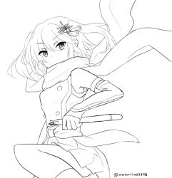 Rule 34 | 10s, 1girl, ammunition, arm guards, armor, bad id, bad pixiv id, greyscale, hair ornament, hairpin, holding, kantai collection, lineart, monochrome, scarf, sendai (kancolle), sendai kai ni (kancolle), short hair, short sleeves, simple background, solo, tassel, torpedo, vest, white background, yonerinoko (banberabu)