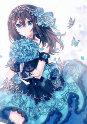 Rule 34 | 1girl, armband, black hair, blue dress, blue eyes, blue flower, blue rose, blurry, blurry background, bug, butterfly, dress, earrings, flower, gloves, hair between eyes, hair flower, hair ornament, hairband, highres, holding, holding flower, idolmaster, idolmaster cinderella girls, insect, jewelry, lace, lace-trimmed dress, lace trim, long hair, looking at viewer, migolu, necklace, petals, rose, sagisawa fumika, sidelocks, smile, solo, tareme