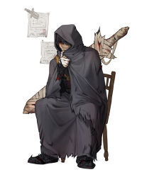 Rule 34 | 1boy, bandaged hand, bandages, black footwear, black hair, chair, english text, facial hair, full body, highres, hood, hood up, knife, male focus, original, rinotuna, shoes, short hair, sitting, solo, stubble, sword, weapon, white background
