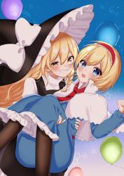 2girls absurdres alice_margatroid apron ascot bad_id bad_pixiv_id balloon black_dress blonde_hair blue_dress blue_eyes blush bow braid capelet carrying dress eyes_visible_through_hair frilled_ascot frilled_dress frilled_sash frilled_skirt frills hair_bow hairband hat hat_bow highres kirisame_marisa lolita_hairband long_sleeves multiple_girls open_mouth pantyhose princess_carry red_hairband ribbon sash shinonome_asu short_hair side_braid single_braid skirt star_(symbol) touhou waist_apron white_bow white_capelet white_ribbon witch_hat yellow_eyes