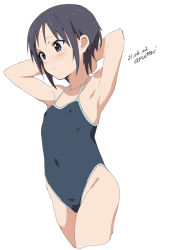 Rule 34 | 1girl, arms behind head, artist name, baba arumi, black hair, black one-piece swimsuit, blush, closed mouth, commentary, competition school swimsuit, cropped legs, dated, hands up, highleg, highleg swimsuit, kurosaki honoka, one-piece swimsuit, school swimsuit, short hair, simple background, solo, standing, swimsuit, white background, yama no susume