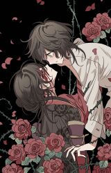 Rule 34 | 1boy, 1girl, aged down, bad id, bad pixiv id, black background, black hair, crying, crying with eyes open, eye contact, face-to-face, floral print kimono, flower, from side, hair between eyes, highres, japanese clothes, kimono, long hair, long sleeves, looking at another, looking down, looking up, maya (slow damage), meremero, mother and son, plant, profile, red flower, red kimono, red rose, rose, short hair, slow damage, tears, thorns, towa (slow damage), vines, yellow eyes