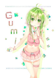 Rule 34 | 1girl, absurdres, ahoge, alternate costume, anklet, bare shoulders, blush, breasts, character name, cleavage, clover, collar, colored eyelashes, four-leaf clover, gem, green eyes, green hair, gumi, hair between eyes, hair ornament, hairclip, headset, highres, holding, holding clover, jewelry, long hair, looking at viewer, matching hair/eyes, midriff, navel, pink skirt, pink vest, red gemstone, sidelocks, simple background, skirt, small breasts, smile, solo, standing, stomach, tika (mika4975), vest, vocaloid, white background, wrist cuffs