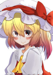 Rule 34 | 1girl, ascot, blonde hair, closed mouth, collared shirt, colorized, flandre scarlet, frilled shirt collar, frilled sleeves, frills, hair between eyes, hat, hat ribbon, hat ribbonn, light smile, looking at viewer, medium hair, mob cap, puffy short sleeves, puffy sleeves, red ribbon, red vest, ribbon, shirt, short sleeves, solo, sweethome026, touhou, upper body, vest, white hat, white shirt, yellow ascot