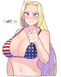 Rule 34 | 1girl, america (ohasi), american flag bikini, american flag print, bikini, blonde hair, blue eyes, blush, body blush, breasts, cleavage, collarbone, english text, female focus, flag print, highres, i want you, large breasts, long hair, looking at viewer, navel, ohasi, open mouth, original, parted bangs, pointing, pointing at viewer, poster parody, print bikini, simple background, smile, solo, standing, swimsuit, very long hair, white background