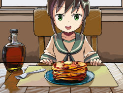 Rule 34 | 1girl, black hair, blue sailor collar, bottle, chair, commentary, english commentary, food, fork, fubuki (kancolle), green eyes, kantai collection, long hair, low ponytail, maple syrup, one-hour drawing challenge, pancake, plate, ponytail, sailor collar, school uniform, serafuku, short ponytail, sidelocks, sitting, sixten, smile, solo, upper body, window
