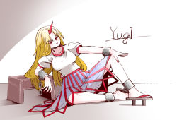 Rule 34 | 1girl, blonde hair, blush, breasts, character name, cuffs, full body, geta, horns, hoshiguma yuugi, large breasts, long hair, looking at viewer, nail polish, on floor, open mouth, red eyes, red nails, shirt, single horn, sitting, skirt, smile, snakku, solo, striped clothes, striped skirt, touhou, vertical-striped clothes, vertical-striped skirt, white shirt