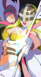 Rule 34 | 1girl, angel wings, angewomon, bare shoulders, blonde hair, bow (weapon), breasts, covered eyes, digimon, digimon (creature), drawing bow, energy arrow, head wings, helmet, highres, holding, holding bow (weapon), holding weapon, long hair, medium breasts, nail polish, open mouth, rae (hexedwithluck), ribbon, shawl, solo, weapon, wings