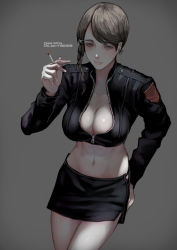 Rule 34 | 1girl, absurdres, braid, breasts, brown hair, cigarette, cleavage, cowboy shot, ear piercing, grey background, grey eyes, hair ornament, hairclip, highres, holding, holding cigarette, jacket, jittsu, large breasts, leather, leather jacket, long hair, miniskirt, original, parted hair, pencil skirt, piercing, pink lips, simple background, skirt, solo