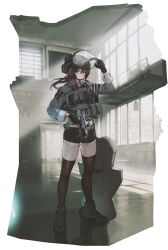 Rule 34 | 1girl, absurdres, ammunition pouch, black footwear, black gloves, black shorts, black thighhighs, blue eyes, broken window, brown hair, closed mouth, combat helmet, commission, ear protection, flashlight, full body, gloves, grey jacket, gun, h&amp;k mp7, hair between eyes, hand up, helmet, highres, holding, holding weapon, indoors, jacket, light particles, long hair, long sleeves, magazine (weapon), microphone, optical sight, original, personal defense weapon, bulletproof vest, pouch, shield, shoes, short shorts, shorts, sleeves rolled up, solo, submachine gun, termichan (not-a-bot), thighhighs, trigger discipline, tuziki sang, visor (armor), watch, weapon