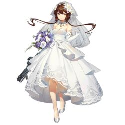 Rule 34 | 1girl, bouquet, breasts, bridal veil, brown hair, closed mouth, collar, detached collar, dress, elbow gloves, fangdan runiu, female focus, flower, flower request, full body, girls&#039; frontline, gloves, gun, hair flower, hair ornament, high heels, holding, holding gun, holding weapon, large breasts, long hair, looking at viewer, no socks, official art, red eyes, shoes, short hair with long locks, simple background, smile, solo, strapless, strapless dress, transparent background, type 79 (gazing from the dust) (girls&#039; frontline), type 79 (girls&#039; frontline), type 79 smg, veil, very long hair, weapon, wedding dress, white collar, white dress, white footwear, white gloves