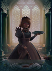 Rule 34 | 1girl, absurdres, artist name, black dress, brooch, brown hair, chair, column, dress, fangs, food, fork, fruit bowl, highres, holding, holding plate, indoors, jewelry, knife, long sleeves, looking at viewer, maid, maid headdress, mysoda, original, parted lips, pillar, plate, puffy long sleeves, puffy sleeves, red eyes, short hair, skirt hold, smile, solo, spoon, vampire, window