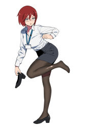 Rule 34 | 1girl, :o, absurdres, black footwear, black pantyhose, blue skirt, bob cut, brown eyes, commentary, dress shirt, glasses, high heels, highres, holding, holding shoes, lanyard, leg up, long sleeves, looking back, miniskirt, office lady, onsen tamago (hs egg), open mouth, original, pantyhose, pencil skirt, red hair, shirt, unworn shoe, shoes, unworn shoes, short hair, skirt, solo, standing, standing on one leg, taeko (onsen tamago), torn clothes, white shirt, wing collar