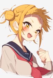 Rule 34 | 1girl, absurdres, blonde hair, blue sailor collar, blush, boku no hero academia, brown shirt, clenched hand, collarbone, cropped torso, double bun, fang, hair bun, hand up, highres, long sleeves, looking at viewer, neckerchief, open mouth, rasusurasu, red neckerchief, sailor collar, shirt, short eyebrows, short hair with long locks, sidelocks, simple background, skin fang, smile, solo, teeth, toga himiko, tsurime, upper body, upper teeth only, white background, yellow eyes