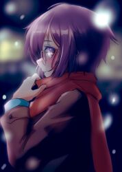 Rule 34 | 1girl, brown coat, brown eyes, coat, commentary request, from side, glasses, highres, karate (karatedazey), long sleeves, looking at viewer, looking to the side, nagato yuki, purple hair, red scarf, scarf, short hair, solo, strap, suzumiya haruhi no shoushitsu, suzumiya haruhi no yuuutsu, upper body