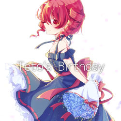 Rule 34 | 1girl, bare shoulders, birthday, blue flower, blue rose, blush, bouquet, bow, commentary, cowboy shot, dress, dress bow, drill hair, flower, frilled dress, frills, from side, halterneck, holding, holding bouquet, kasane teto, looking at viewer, looking to the side, profile, red eyes, red hair, rose, smile, solo, twin drills, utau, yutsuki utau