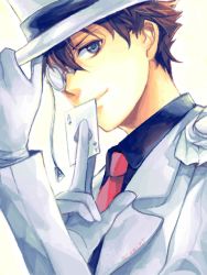 Rule 34 | 1boy, ace (playing card), adjusting clothes, adjusting headwear, blue eyes, blue shirt, brown hair, cape, card, formal, gloves, hat, holding, holding card, kaitou kid, kuroba kaito, looking at viewer, male focus, md5 mismatch, meitantei conan, monocle, monocle chain, necktie, playing card, scarlet-xx, shirt, short hair, simple background, smile, solo, suit, top hat, white gloves, white suit