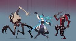 Rule 34 | 1girl, 2boys, absurdres, arm up, black gloves, blue hair, checkered clothes, checkered legwear, chromatic aberration, claws, closed mouth, collarbone, dagger, dress, drill hair, dual wielding, fiddlesticks, gloves, gradient hair, gwen (league of legends), heterochromia, highres, holding, holding dagger, holding knife, holding weapon, knife, league of legends, long hair, mechanical, monster, multicolored hair, multiple boys, open mouth, oversized object, puppet, puppet strings, purple eyes, ratatatat74, red eyes, scar, scar on neck, scissors, shaco, sharp teeth, smile, stitches, string, striped clothes, striped legwear, striped thighhighs, teeth, thighhighs, tongue, tongue out, torn, torn clothes, vertical-striped clothes, vertical-striped thighhighs, weapon