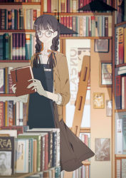 Rule 34 | 1girl, amada (12785891), apron, bad id, bad pixiv id, blunt bangs, blurry, blurry background, book, bookshelf, braid, brown jacket, drawing (object), glasses, highres, holding, holding book, indoors, jacket, ladder, long hair, long neck, original, pale skin, pen, pocket, smile, solo, standing, twin braids, twintails