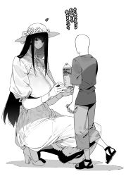 Rule 34 | 1boy, 1girl, black hair, blush, bottle, breasts, chomoran, commentary request, dress, flower, giving, gloves, greyscale, hasshaku-sama, hat, hat flower, height difference, high heels, highres, holding, holding bottle, huge breasts, long hair, monochrome, original, sandals, short sleeves, squatting, sun hat, translated, translation request, urban legend, water bottle, white background, white dress, white gloves