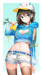 Rule 34 | 1girl, baseball cap, belt, black hair, blue eyes, blue hoodie, branch, breasts, brown thighhighs, choker, cleavage, cleavage cutout, clothing cutout, cowboy shot, crop top, crop top overhang, cutoffs, earrings, expressionless, food, fruit, hair ornament, hand up, hat, heart cutout, highres, holding, hood, hood down, hoodie, jewelry, large breasts, lemon, long sleeves, looking at viewer, midriff, navel, original, rangu, short hair, short shorts, shorts, shoulder cutout, solo, standing, stomach, thighhighs, white shorts, x hair ornament