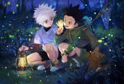 Rule 34 | 2boys, :o, black hair, blue eyes, blurry, bokeh, boots, brown eyes, bug, butterfly net, creature, depth of field, fireflies, forest, full body, glowing, gon freecss, green jacket, hand net, hand up, hat, holding, hunter x hunter, bug, jacket, killua zoldyck, lantern, male focus, multiple boys, nature, night, open mouth, plant, scenery, shirt, short hair, shorts, smile, spiked hair, squatting, tree, branch, white background, white shirt, yud79317724
