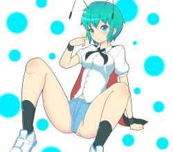 Rule 34 | 1girl, antennae, black socks, blue eyes, blush, breasts, bug, butterfly, butterfly on hand, cape, collared shirt, green hair, insect, looking at viewer, partially visible vulva, shirt, short hair, short shorts, shorts, socks, solo, spread legs, touhou, very short hair, wade99, wriggle nightbug