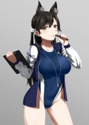 Rule 34 | 1girl, alternate costume, animal ears, atago (azur lane), azur lane, black hair, blue one-piece swimsuit, breasts, clipboard, collarbone, competition swimsuit, covered navel, cowboy shot, gluteal fold, gradient background, grey background, highres, holding, holding pen, jacket, large breasts, long hair, long sleeves, looking at viewer, m0nsoo00n, mole, mole under eye, one-piece swimsuit, pen, pen to mouth, ribbon, smile, solo, standing, swimsuit, swimsuit under clothes, track jacket, whistle, whistle around neck, white ribbon