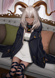 Rule 34 | 1girl, absurdres, animal ear fluff, animal ears, arknights, backlighting, beeswax (arknights), bikini, black coat, black ribbon, blush, closed mouth, coat, collar, commentary request, couch, dark-skinned female, dark skin, goat ears, goat girl, goat horns, highres, hood, hood down, horns, indoors, infection monitor (arknights), kit, long hair, long sleeves, looking at viewer, low twintails, on couch, open clothes, open coat, pillow, ribbon, silver hair, smile, solo, swimsuit, twintails, white bikini, window, yellow eyes