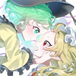 Rule 34 | 2girls, 72mikan 1687, black headwear, blonde hair, blush, close-up, closed mouth, commentary, eye contact, eyelashes, fang, flandre scarlet, floating hair, forehead, forehead-to-forehead, frilled shirt collar, frilled sleeves, frills, from side, green eyes, green hair, hand on another&#039;s cheek, hand on another&#039;s face, hat, heads together, highres, komeiji koishi, long hair, long sleeves, looking at another, medium hair, mob cap, multiple girls, nose, open mouth, pointy ears, profile, red eyes, shirt, simple background, smile, surprised, teeth, touhou, tsurime, upper teeth only, white background, white headwear, wide-eyed, wide sleeves, yellow shirt