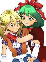 Rule 34 | 2girls, arm ribbon, arm warmers, bad id, bad pixiv id, blonde hair, commentary request, dress, front ponytail, green eyes, green hair, hair ribbon, highres, hug, kagiyama hina, mizuhashi parsee, multiple girls, parted lips, pointy ears, red dress, ribbon, short sleeves, sibata maru, simple background, smile, touhou, white background, white neckwear