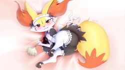 Rule 34 | 1girl, :3, absurdres, alternate costume, animal ear fluff, animal ears, animal hands, animal nose, apron, artist name, ass, bed sheet, black choker, black dress, black fur, blush, body fur, braixen, choker, clothed pokemon, creatures (company), dated, dress, dress tug, duster, embarrassed, enmaided, eryz, fang, feather duster, female focus, flat chest, fox ears, fox girl, fox tail, frilled choker, frilled dress, frills, from above, full body, furry, furry female, game freak, gen 6 pokemon, grin, happy, highres, holding, jpeg artifacts, leg up, looking at viewer, lying, maid, maid apron, maid headdress, nintendo, no panties, no pussy, nose blush, on side, pawpads, pink background, pokemon, pokemon (creature), puffy short sleeves, puffy sleeves, red eyes, shiny skin, short sleeves, signature, simple background, smile, solo, tail, teeth, thighhighs, third-party edit, toeless legwear, wavy mouth, white apron, white fur, white thighhighs, yellow fur