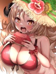 Rule 34 | + +, 1girl, bare shoulders, bikini, black ribbon, blue archive, blush, breasts, brown hair, cleavage, collarbone, eating, flower, food, food on face, front-tie bikini top, front-tie top, hat, hat flower, hibiscus, highres, holding, holding food, horns, izumi (blue archive), large breasts, long hair, nail polish, open mouth, orange eyes, pink flower, red bikini, red nails, ribbon, rokita, solo, sparkling eyes, sunflower, swimsuit, teeth, two-handed, upper body, upper teeth only, very long hair, watermelon, watermelon seeds, watermelon slice, wristband, yellow flower