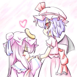 Rule 34 | 2girls, bad id, bad pixiv id, bat wings, blush, bow, commentary request, crescent, crescent hair ornament, closed eyes, hair ornament, kissing hand, hat, heart, kiss, long hair, long sleeves, mob cap, multiple girls, natsuki (silent selena), patchouli knowledge, puffy short sleeves, puffy sleeves, purple hair, red eyes, remilia scarlet, short hair, short sleeves, touhou, wings, yuri
