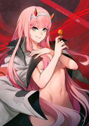 Rule 34 | 10s, 1girl, breasts, candy, character name, convenient censoring, copyright name, darling in the franxx, food, green eyes, hair censor, hair over one breast, hairband, horns, jacket, jacket on shoulders, lollipop, long hair, looking at viewer, medium breasts, naked jacket, navel, nude, open clothes, patipat asavasena, pink hair, red background, smile, solo, very long hair, white hairband, zero two (darling in the franxx)