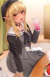 Rule 34 | 2girls, :d, beret, black headwear, blonde hair, braid, brown eyes, cake, collarbone, commentary request, crown braid, cup, curtains, dark-skinned female, dark skin, drinking glass, elf, food, hat, head tilt, highres, holding, holding cup, holding hands, hololive, indoors, interlocked fingers, izumi kei, jewelry, long hair, long sleeves, looking at viewer, multicolored hair, multiple girls, open mouth, out of frame, pendant, pointy ears, pov, shiranui flare, shiranui flare (street), shirogane noel, sidelocks, sitting, smile, socks, solo focus, streaked hair, sweater, table, virtual youtuber, white footwear, white sweater, yokozuwari