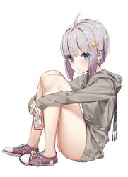 Rule 34 | 1girl, absurdres, ahoge, air pods, airpods, bare legs, blue eyes, blush, bottomless, crown hair ornament, flower, from side, full body, grey hoodie, hair ornament, heterochromia, highres, holding, hood, hoodie, hugging own legs, light purple hair, looking at viewer, nail polish, original, pink nails, purple eyes, purple flower, shoes, short hair, simple background, sitting, sleeves past wrists, sneakers, solo, wet.elephant, white background, wireless earphones