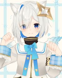 Rule 34 | 1girl, amane kanata, amane kanata (1st costume), angel wings, animal ear fluff, animal ears, blue eyes, blue hair, blush, bob cut, bow, bowtie, cat ears, closed mouth, colored inner hair, cropped jacket, embarrassed, fang, fang out, gradient wings, grey jacket, hair between eyes, hair intakes, halo, high collar, highres, hololive, jacket, kaede (kaede desu107), looking at viewer, mini wings, multicolored hair, multicolored wings, paw pose, pink hair, plaid, plaid background, sailor collar, short hair, silver hair, single hair intake, skin fang, solo, star halo, streaked hair, turtleneck, upper body, virtual youtuber, white wings, wide sleeves, wings