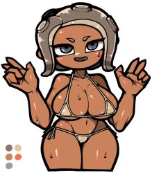 1girl bare_arms bare_shoulders bikini breasts brown_bikini cleavage collarbone color_guide cowboy_shot cropped_legs dark-skinned_female dark_skin double_w grey_eyes grey_hair groin hands_up large_breasts micro_bikini name_omoitukan2 navel nintendo octoling octoling_girl octoling_player_character open_mouth shiny_skin short_hair simple_background smile solo splatoon_(series) swimsuit tentacle_hair thick_lineart underboob w white_background