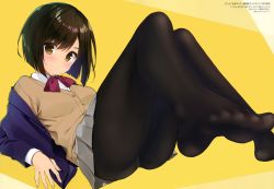 Rule 34 | 1girl, absurdres, ass, black pantyhose, blazer, blush, bow, bowtie, brown eyes, brown hair, buttons, closed mouth, fingernails, foot focus, foreshortening, full body, highres, jacket, looking at viewer, lying, off shoulder, on back, original, panties, panties under pantyhose, pantyhose, pleated skirt, red bow, ryouka (suzuya), scan, school uniform, short hair, simple background, skirt, smile, solo, sweat, underwear, yellow background