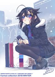 Rule 34 | 1girl, ahoge, bag, black coat, black hair, black pantyhose, blue eyes, blue sweater, braid, breath, cellphone, character name, coat, copyright name, dated, hair flaps, hair over shoulder, highres, kantai collection, pantyhose, parted lips, phone, ribbed sweater, shigure (kancolle), shigure kai ni (kancolle), shopping bag, signature, single braid, snow, solo, squatting, sweater, takana shinno, twitter username, winter clothes, winter coat