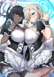 Rule 34 | 2girls, absurdres, apron, asuna (blue archive), asymmetrical docking, bellfud, black dress, black hair, blue archive, blue eyes, blue halo, blush, breast press, breasts, claw pose, cleavage, dark-skinned female, dark skin, dress, hair ornament, halo, highres, holding hands, karin (blue archive), large breasts, light brown hair, long hair, looking at viewer, maid, maid apron, maid headdress, multiple girls, nail polish, open mouth, pink nails, purple halo, smile, very dark skin, white background, yellow eyes