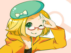 Rule 34 | 1girl, ;), bianca (pokemon), blonde hair, bow, closed mouth, commentary request, creatures (company), game freak, glasses, green eyes, green hat, hand up, hat, hat bow, jacket, medium hair, nintendo, one eye closed, orange jacket, pink background, poke ball symbol, pokemon, pokemon bw2, red-framed eyewear, salute, simple background, smile, solo, touno ako, upper body, white bow