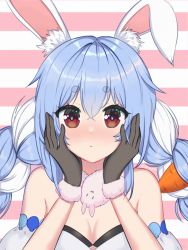 Rule 34 | 1girl, :&lt;, animal ear fluff, animal ears, black gloves, blue hair, blush, braid, breasts, brown eyes, carrot hair ornament, closed mouth, commentary, english commentary, food-themed hair ornament, gloves, hair between eyes, hair ornament, hands on own cheeks, hands on own face, highres, hololive, looking at viewer, medium breasts, multicolored hair, nose blush, solo, striped, striped background, thick eyebrows, twin braids, two-tone hair, upper body, usada pekora, usada pekora (1st costume), vickie (cryingrobot), virtual youtuber, white hair